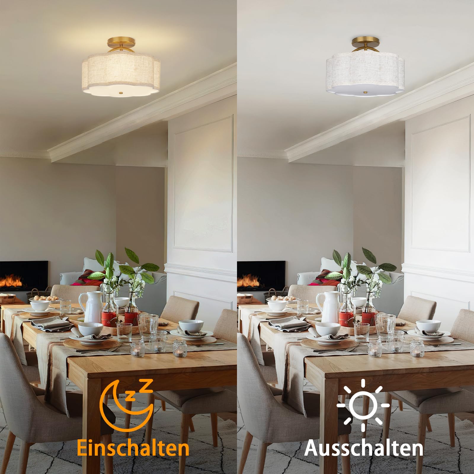 CALOKES Deckenleuchte, 3-flammig, Ø 30 cm – Elegante Blütenform mit beigem Leinenschirm & goldenem Arm. Ideal für Schlafzimmer, Küche, Wohnzimmer, Flur oder Eingangsbereich