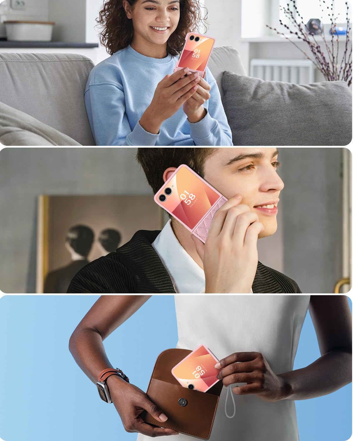 Miimall for Galaxy Z Flip 7 Soft Leather Case with Hinge Protection, Built-in 9H Screen Protector, Support Wireless Charging, Slim 360 Shockproof Protective Cover for Samsung Flip7 2025, Elegant Pink