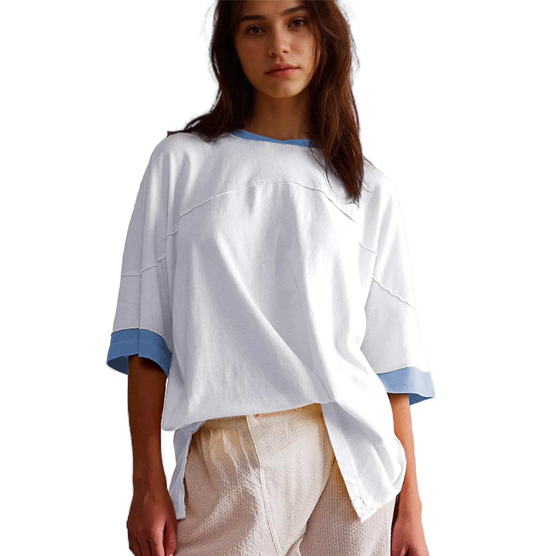 Songling Womens 3/4 Length Sleeve Casual Loose Fit Summer Tee Shirt Basics Cotton t Shirts Trendy Tops