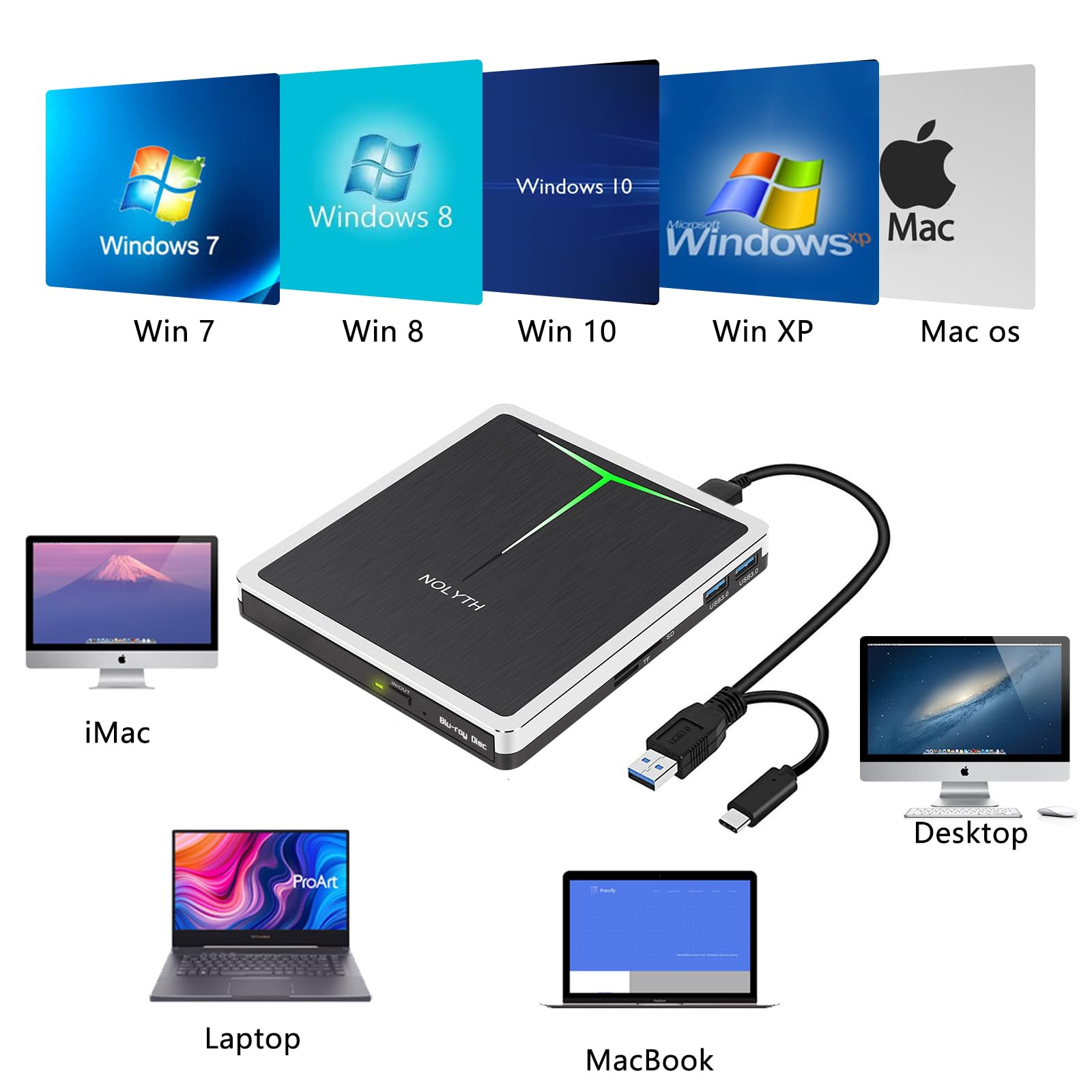Lecteur Blu-ray Externe 7-en-1 USB-C/USB 3.0 - Pour Windows, Mac, Compatible 4K