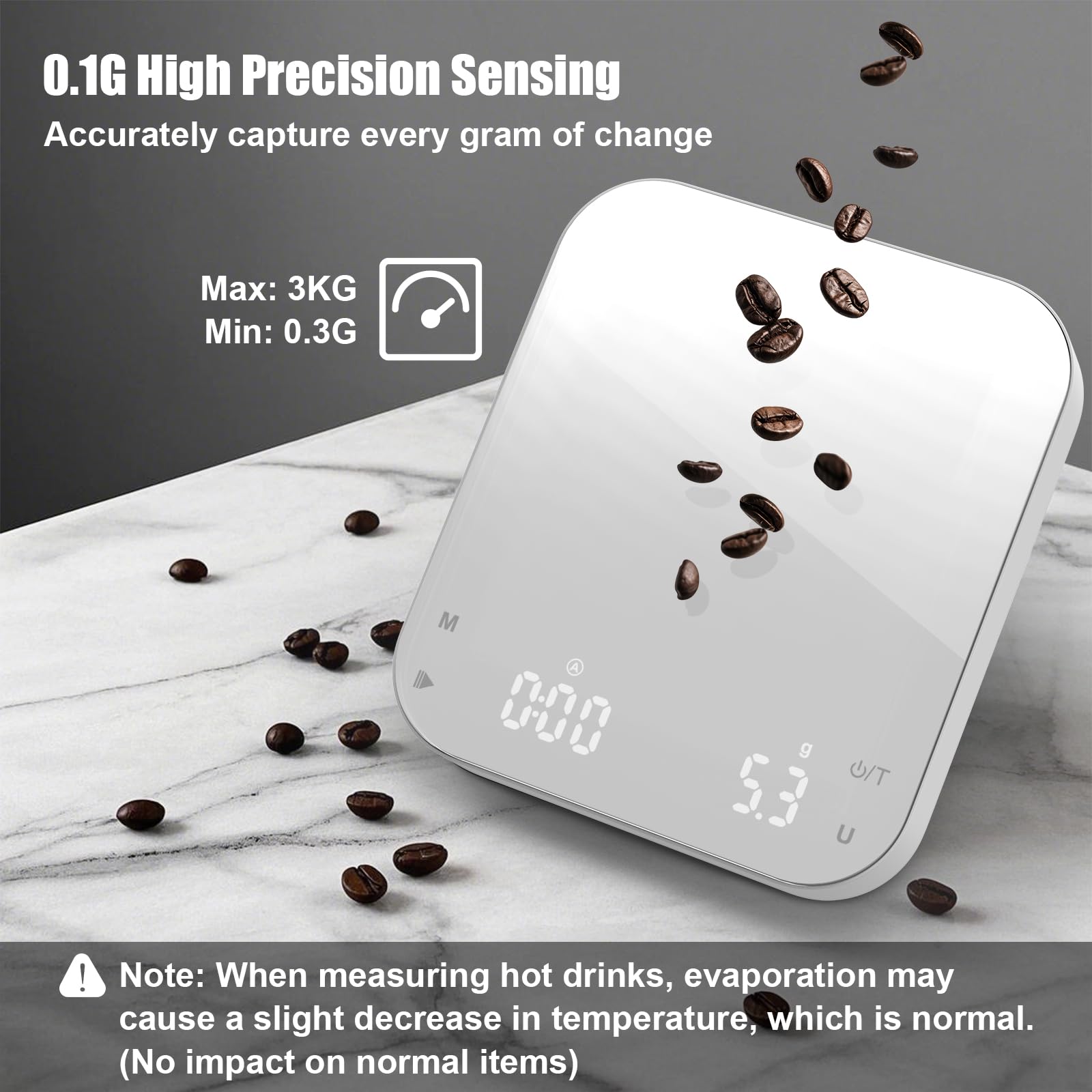 Diyife – Lot de 5 pèse-café numériques de haute précision avec minuterie, 3 kg/0,1 g, portable, tapis en silicone antidérapant, mise en veille automatique, blanc (charge de type C incluse)