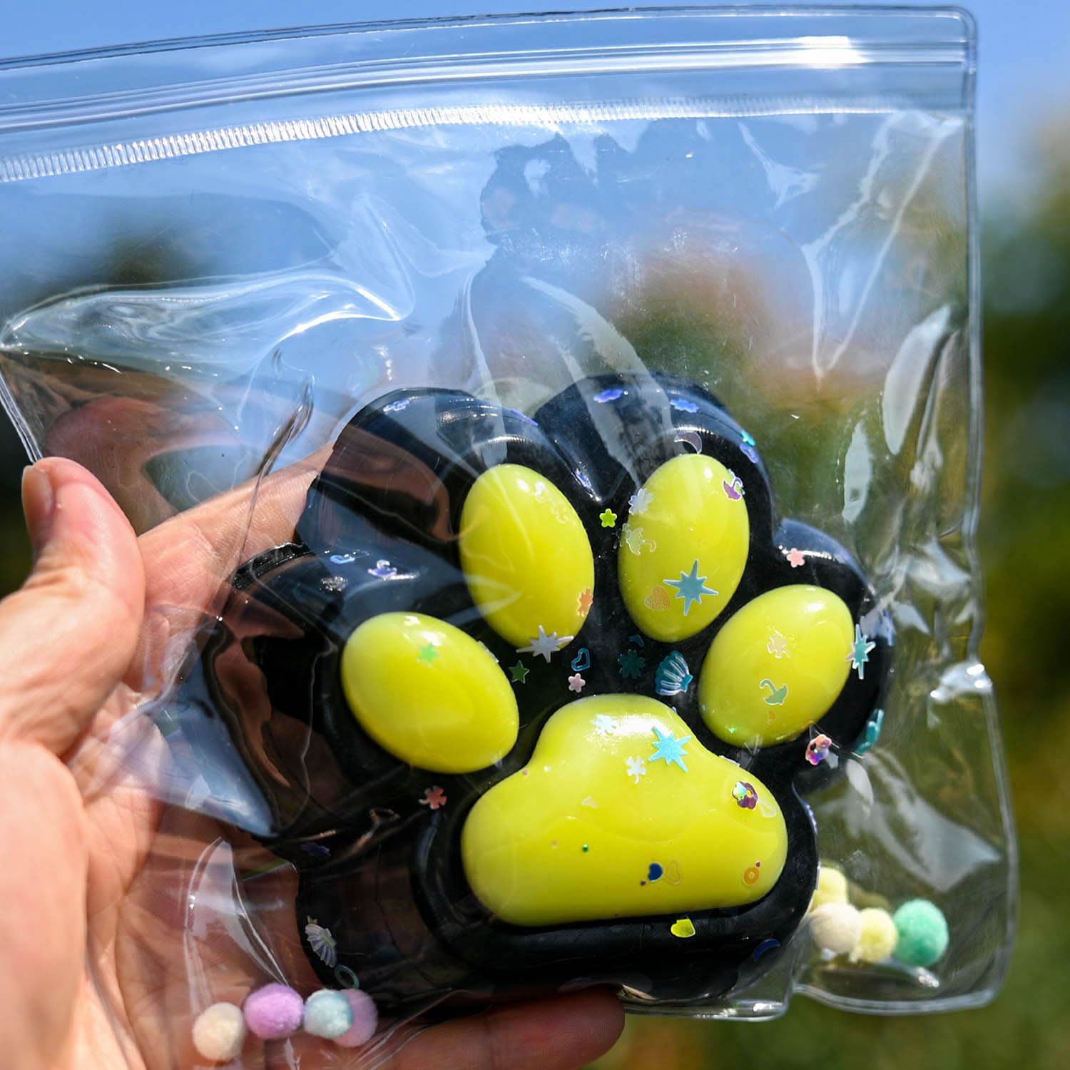 Big Furry Cat Paw Squishy Toys for Stress Relief, Soft squeeze toy，Super Soft Squeeze Fidget Toys Giant Paw Squishy for Kids Adults (Yellow on black)