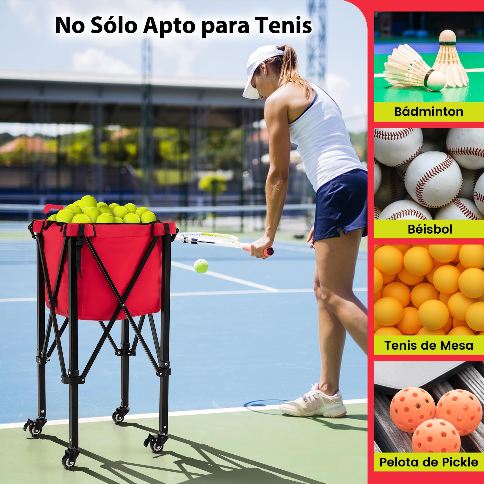 COSTWAY Carro Plegable para Pelotas de Teni, Carrito Recogepelotas, Cesta Ligera de Aluminio con Ruedas para Pelotas de Tenis, Bolsillos Laterales/Bolsa de Transporte,150 Pelotas