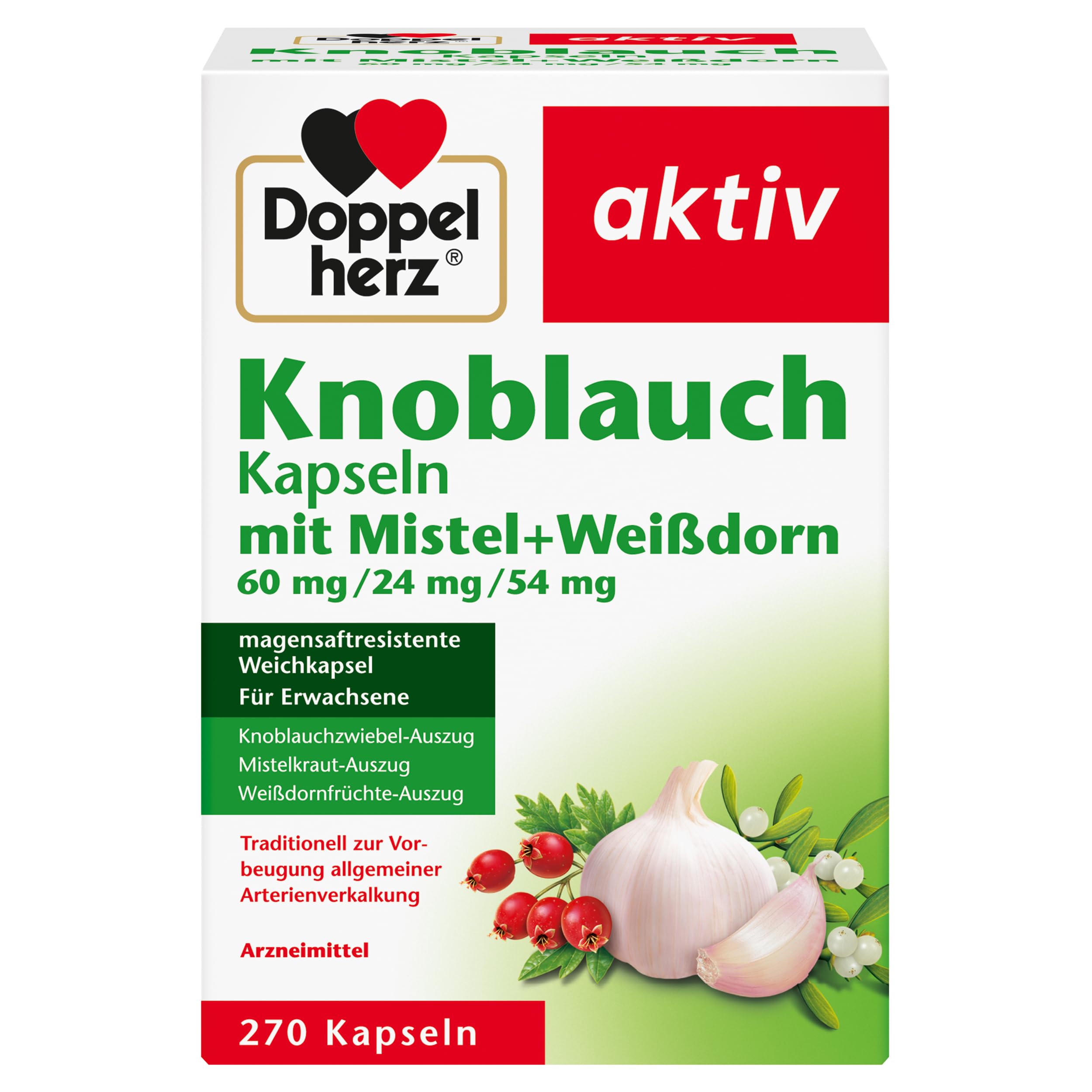 Doppelherz Knoblauch Kapseln mit Mistel + Weißdorn 60 mg/ 24 mg/ 54 mg - Traditionelles Arzneimittel zur Vorbeugung allgemeiner Arterienverkalkung - 270 Kapseln