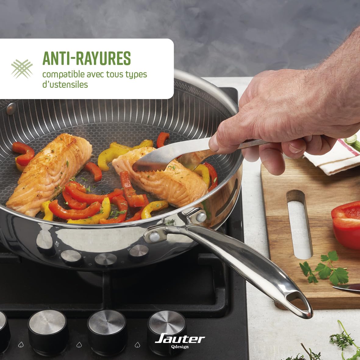 Qdesign - Batterie de Cuisine à Induction 3 Pièces - Set de 3 Poêles Anti-Adhésives Multicouche 20, 24 et 28 cm avec Poignée en Acier Inoxydable - Lot pour Tout Feu - Sans PFOA - Argenté