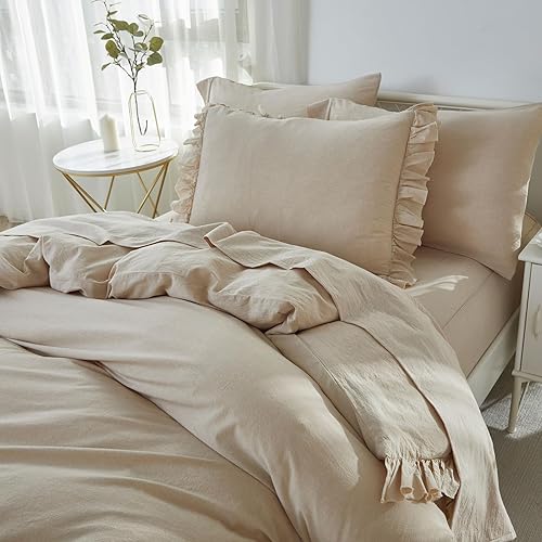 Miniatura 2 de Brandream Juego de funda de edredón tamaño individualindividual XL, textura de lino orgánico natural, 100% algodón lavado, color beige, juego de