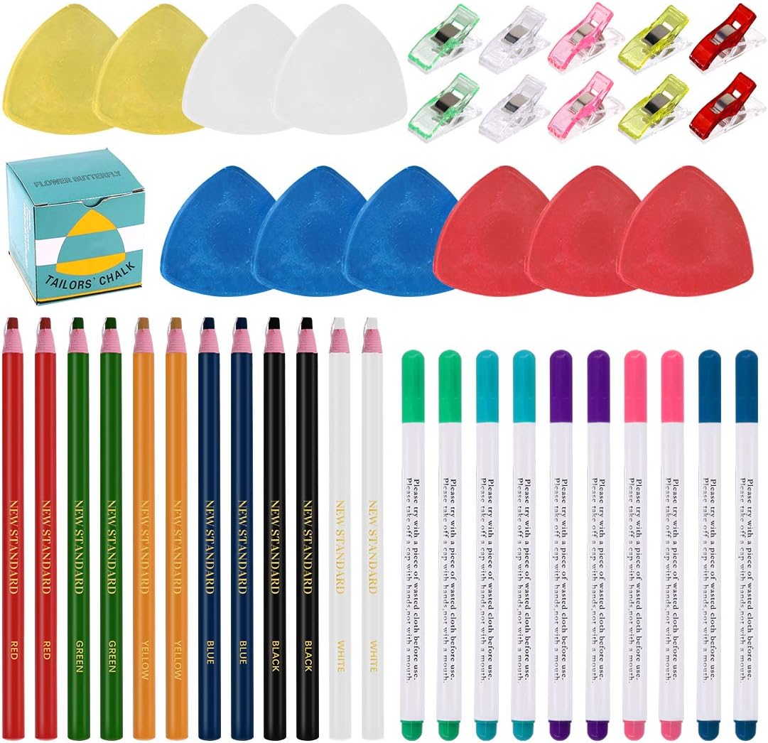 Swpeet 43Pcs Sewing Tools Kit, 10Pcs Professional Tailor's Chalk and 12Pcs Sewing Mark Pencil with 12Pcs 5 Color Disappearing Erasable Ink Fabric Marker Pen and 10Pcs Plastic Clips for Sewing Marking