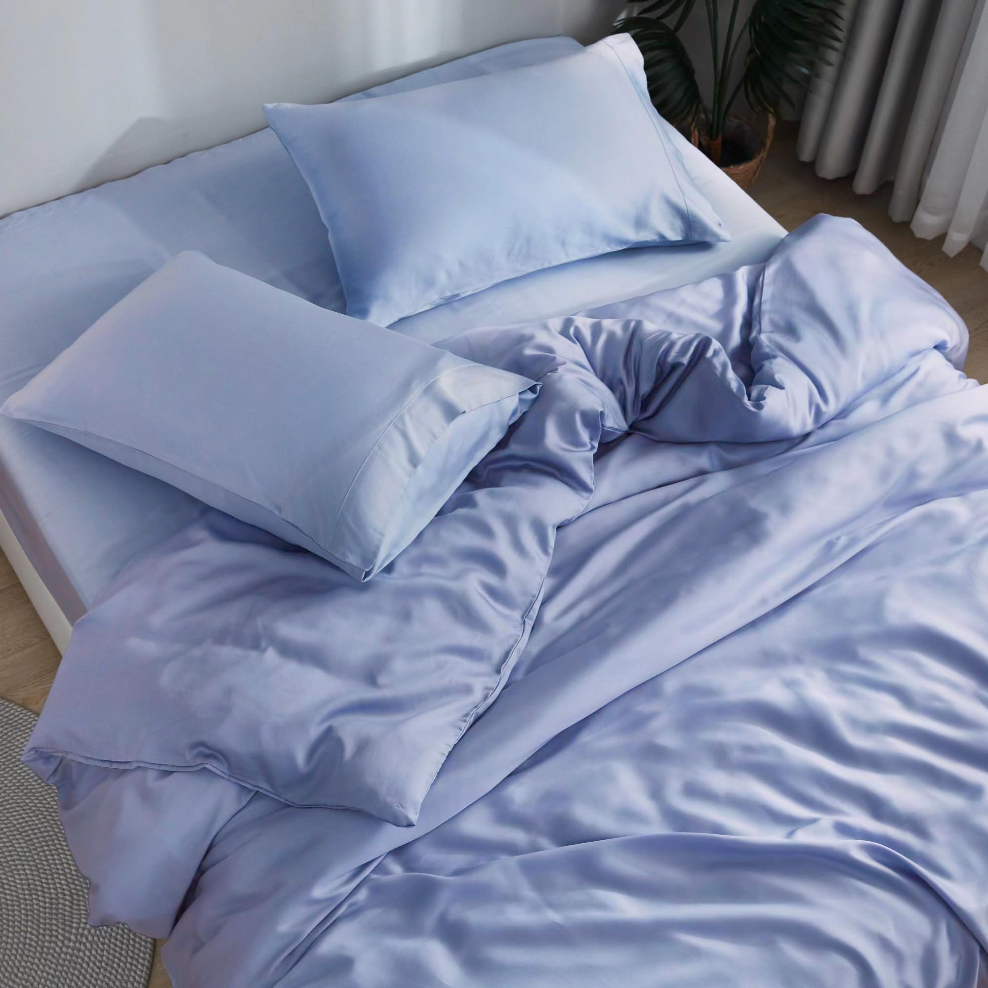 DOZ by SIJO 100% Organic Bamboo Sheet Set, Buttery Soft, Cooling for Hot Sleepers, Silky Breathable, Oeko-TEX, High GSM, 16" Deep Pockets - 3pc - 1 Pillowcase 1 Fitted Sheet 1 Top Sheet (Sky, Twin)