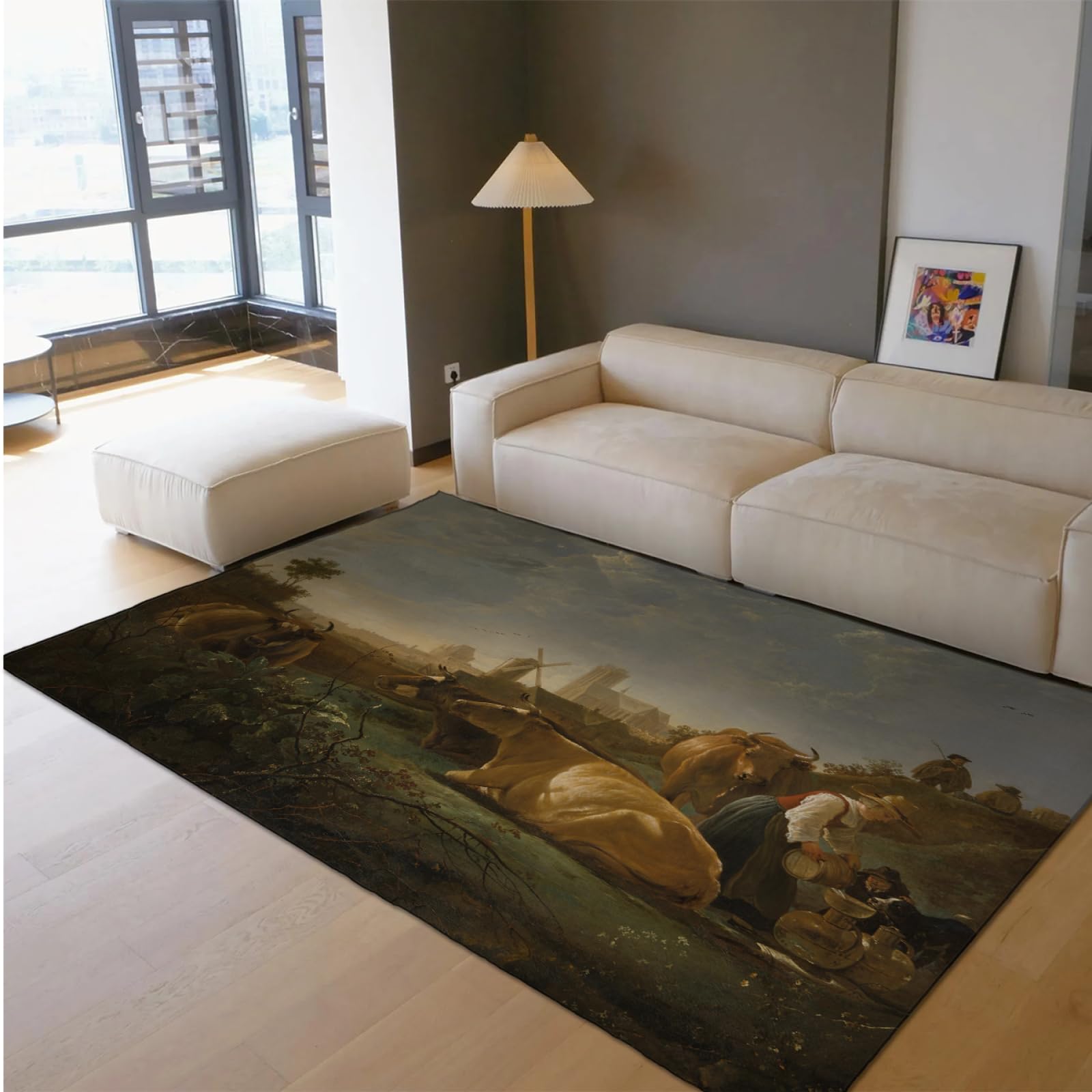 Alfombras de pueblo moderno para el paisaje de la sala de estar con vacas Alfombrilla antideslizante lavable a máquina para decoración de oficina en casa Alfombra ultrafina de área grande 100x150cm