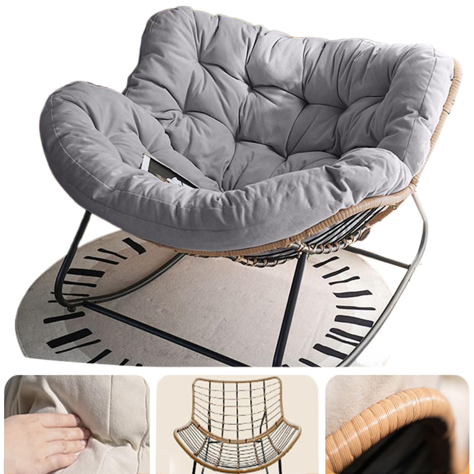 BYGSBKDP Oversized Outdoor Rocking Chairs for Adults, Papasan Egg Rocking Chair, Comfortable Skin-friendly for Indoor Bedroom Living Room Porch Garden Patio with Thick Cushion (Gray,Large) s