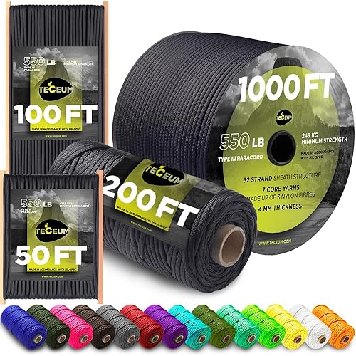 TECEUM Reflective Paracord Rope 1000 – 1000ft/200ft/100ft/50ft – 40+ Colors – Glow in The Dark – para Cord – Utility Rope for Survival, Hunting & Camping Gear – Nylon String, Camping Rope, Tent Cord