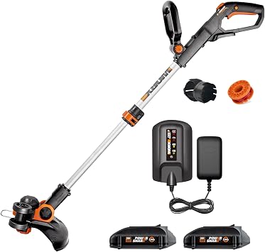 Worx WG163 GT 3.0 20V PowerShare 12 Cordless String Trimmer & Edger (Battery & Charger Included) and WA0047 4-Pack String Trimmer Replacement Line, Orange