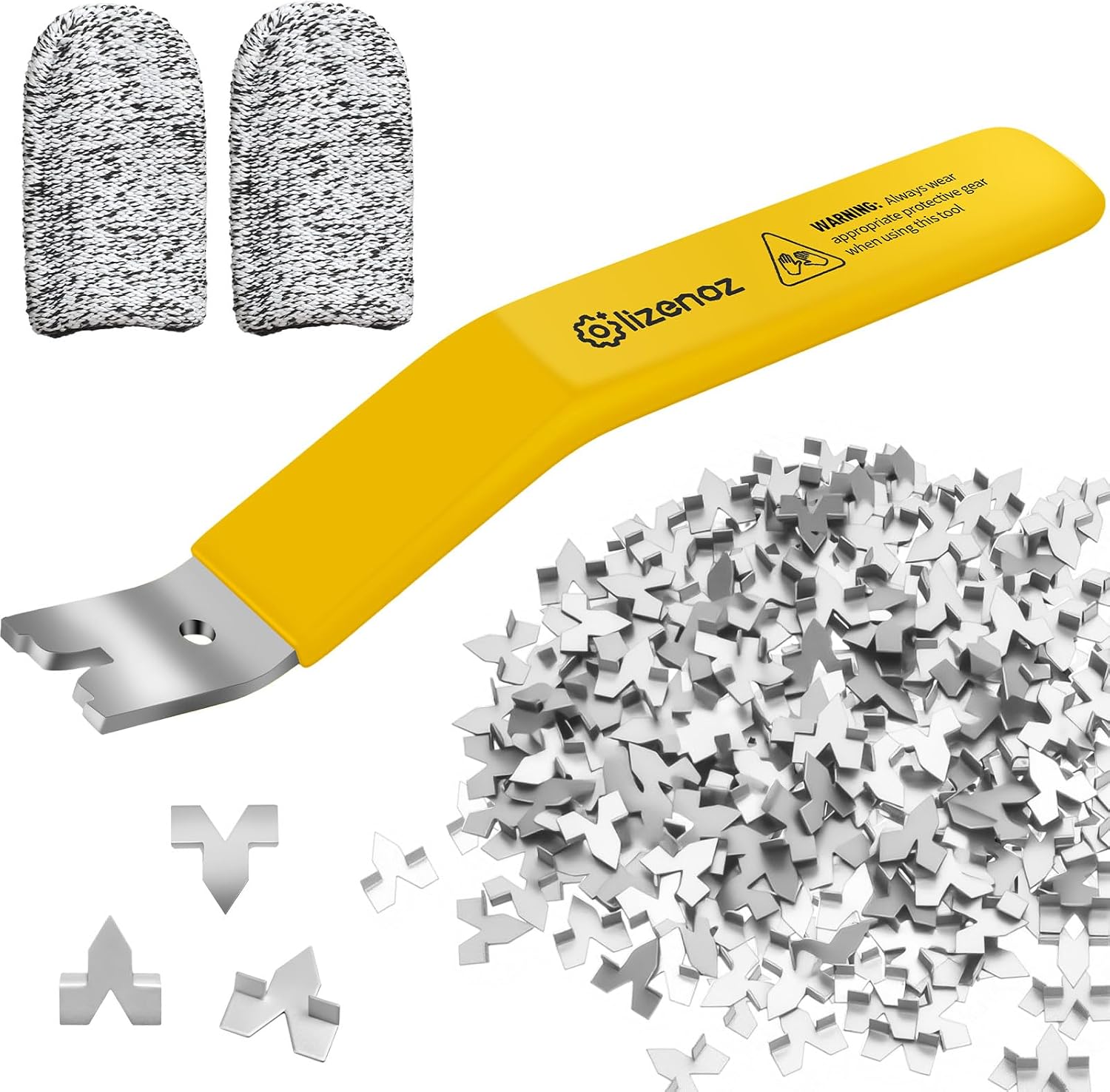 Yellow Glazier Point Driver Tool with 200 Glazing Points & 2 Finger Cots - for Framing Glass, Pictures, Cross Stitch - Rust-Resistant Iron/Zinc Push Points, Easy-Grip Handle