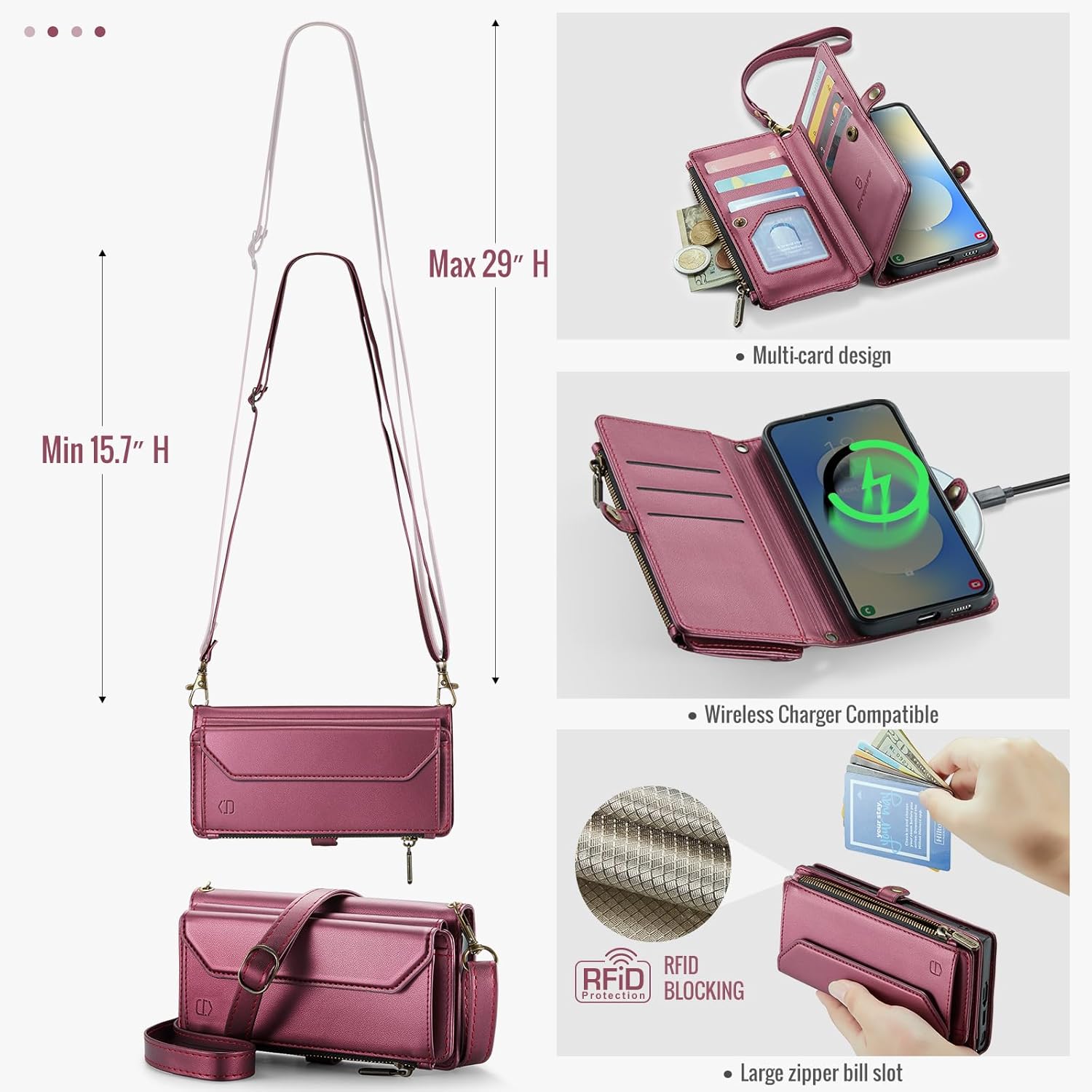 Strapurs Wallet Case Compatible with Samsung Galaxy S25 FE RFID Blocking Card Holder Soft PU Leather Magnetic Snap Strap Zipper Pocket Phone Case Fit for Galaxy S25 FE - Wine Red