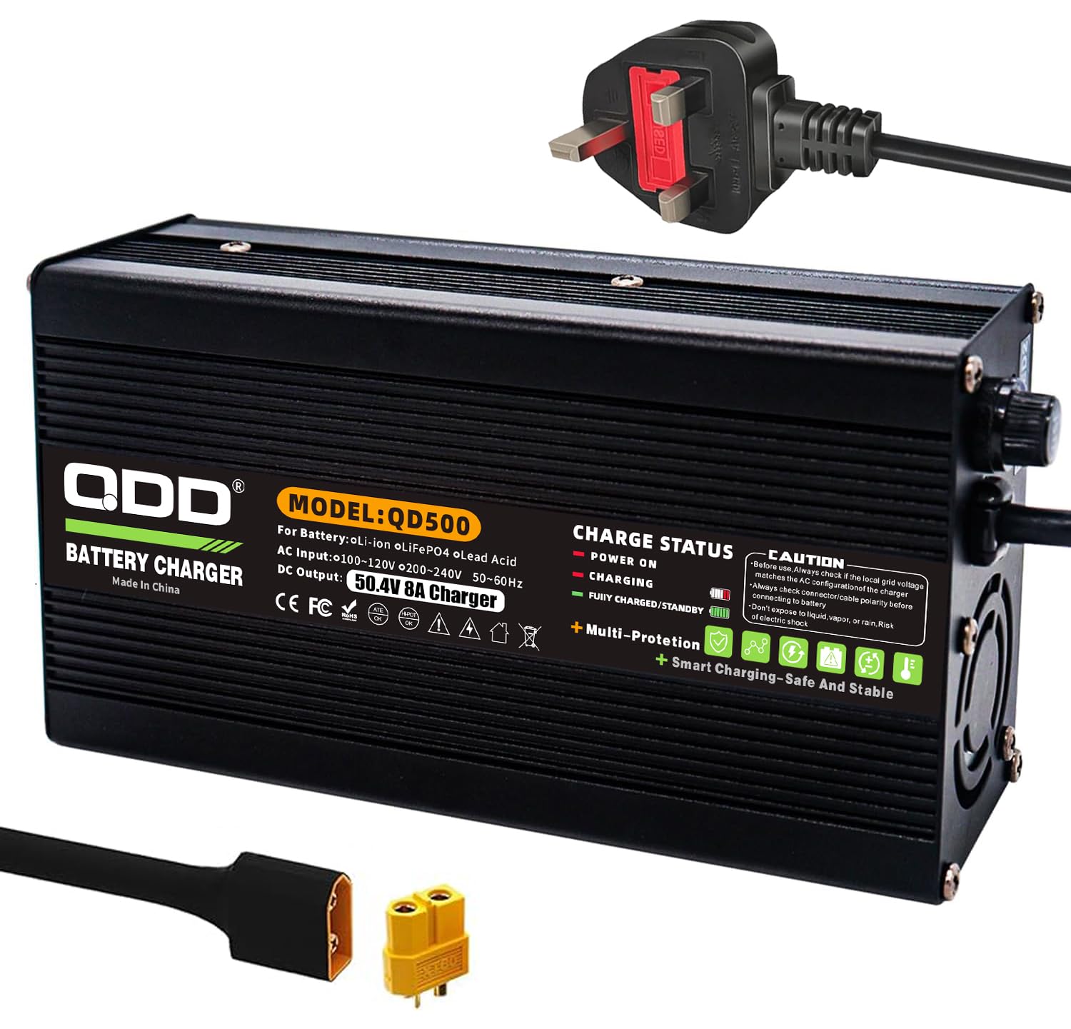 QDD Cargador de litio de 50,4 V 8 A con sistema de refrigeración para batería de litio 12S 44,4 V DC XT60 conector macho