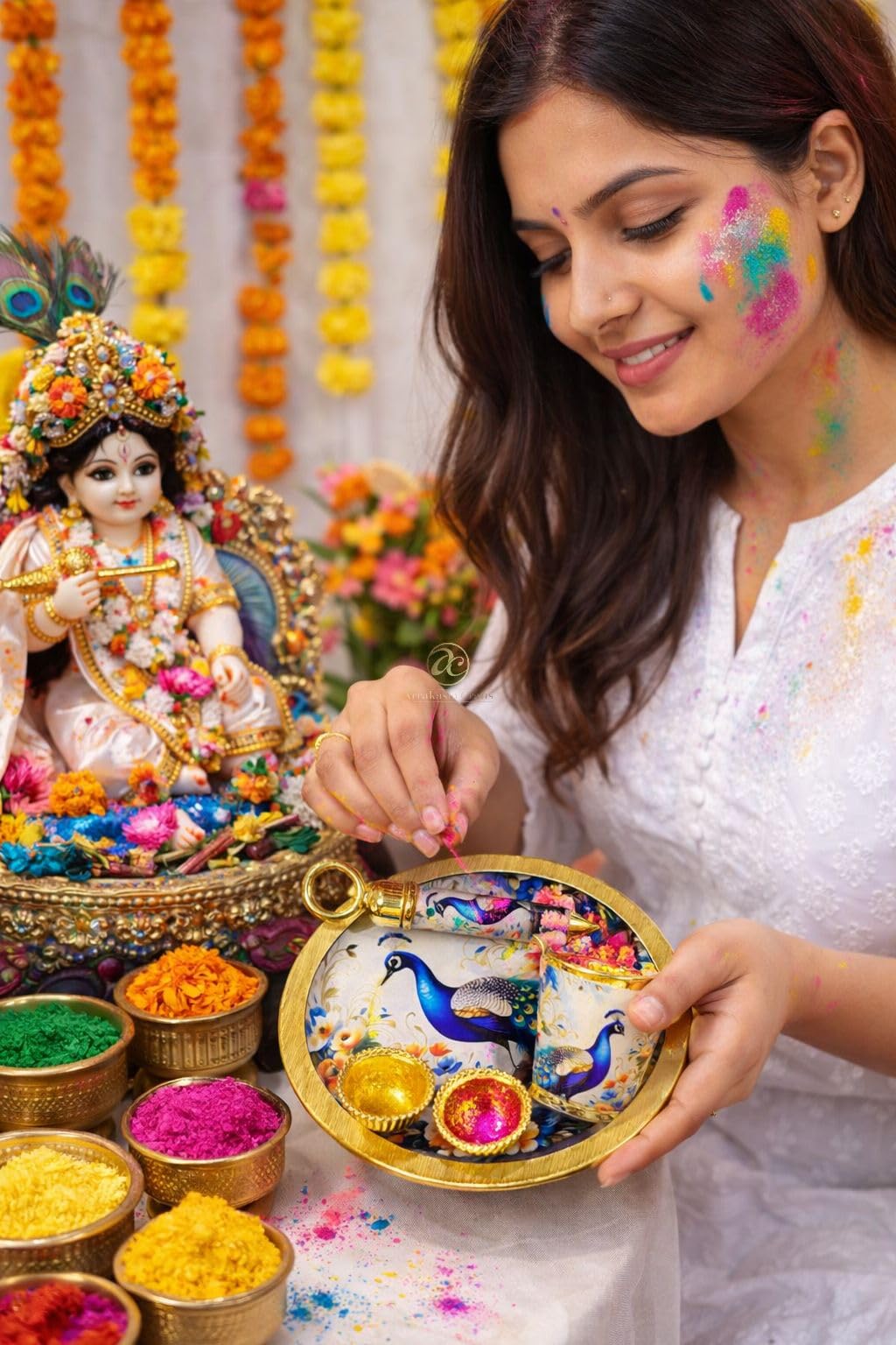 Arrakasta Crafts Laddu Gopal Holi Puja Thali Plate Platter 5 Piece Set with Balti, Pichkari, 2 Bowls | Radha Krishna Peacock Pichwai Holi Puja Item Nand Utsav Gift (Peacock Holi Platter 5 Pcs Set) 1