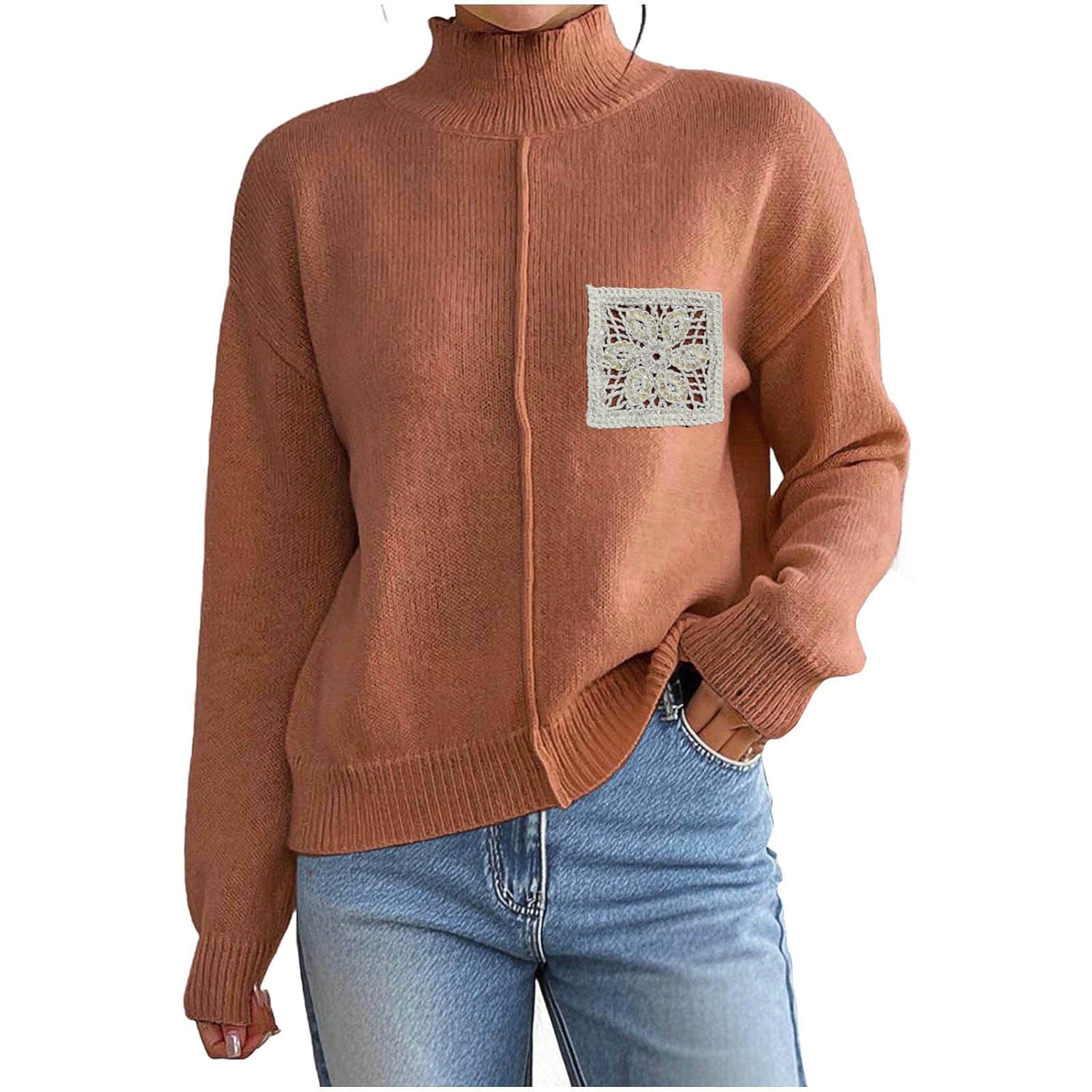Womens Fall Long Sleeve Sweater Turtle Neck Jumper Tops Casual Lace Patchwork Lightweight Knit Pullover Shirts