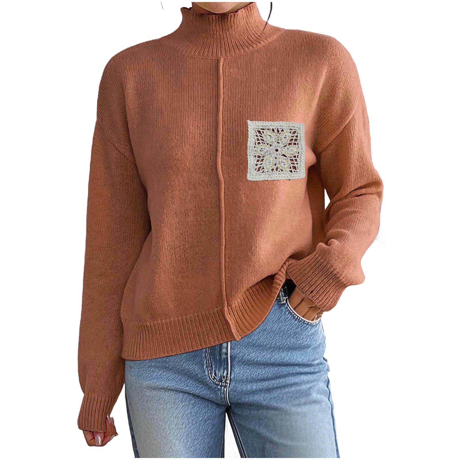 Womens Fall Long Sleeve Sweater Turtle Neck Jumper Tops Casual Lace Patchwork Lightweight Knit Pullover Shirts