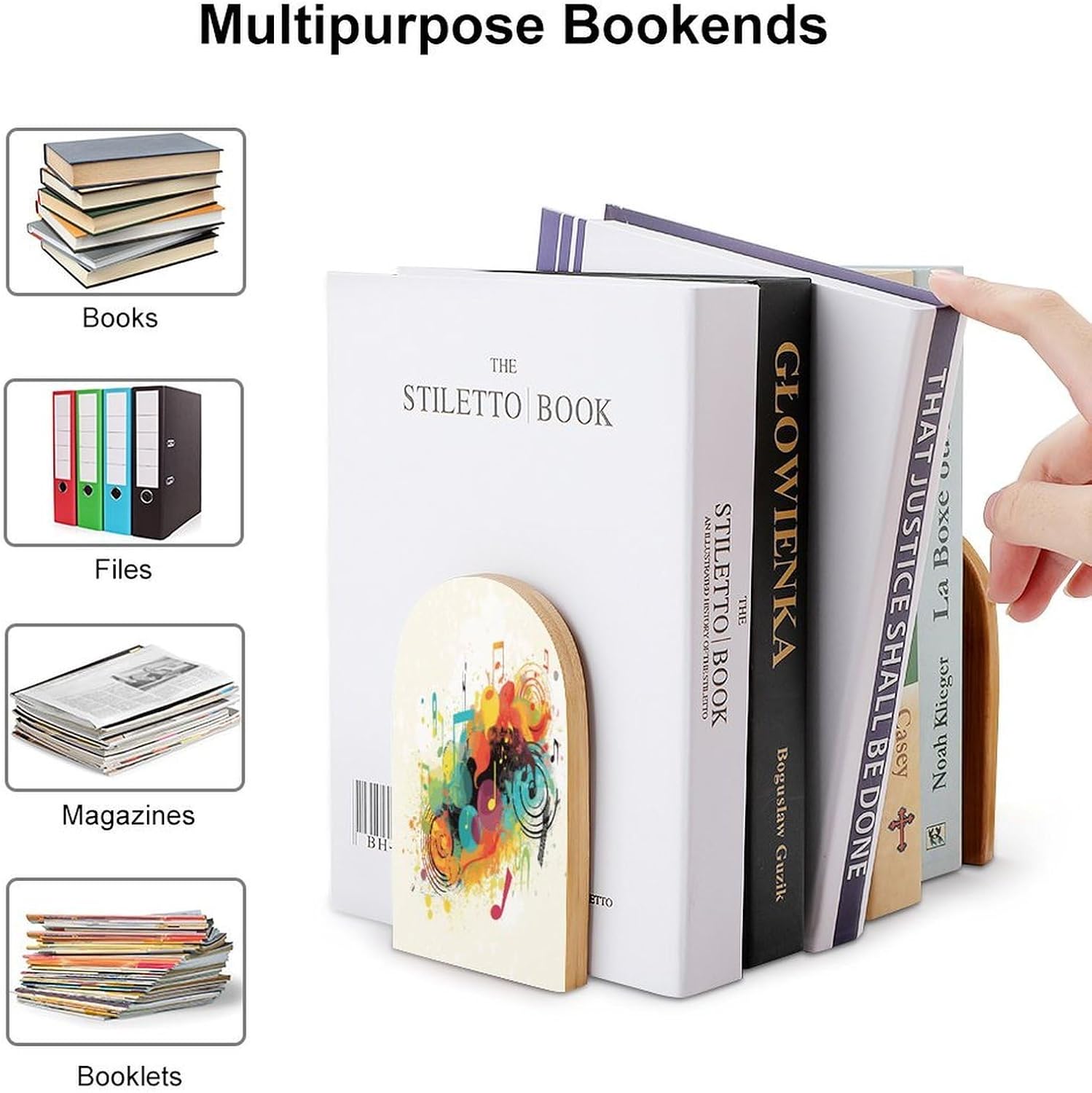 Abstract Music Themed Bookend for Shelves Fashion Modern Wood Book End with Non-Slip Metal Base Universal Economy Bookend Book Organizer for Home Office Desk Accessories 1 Pair image 3