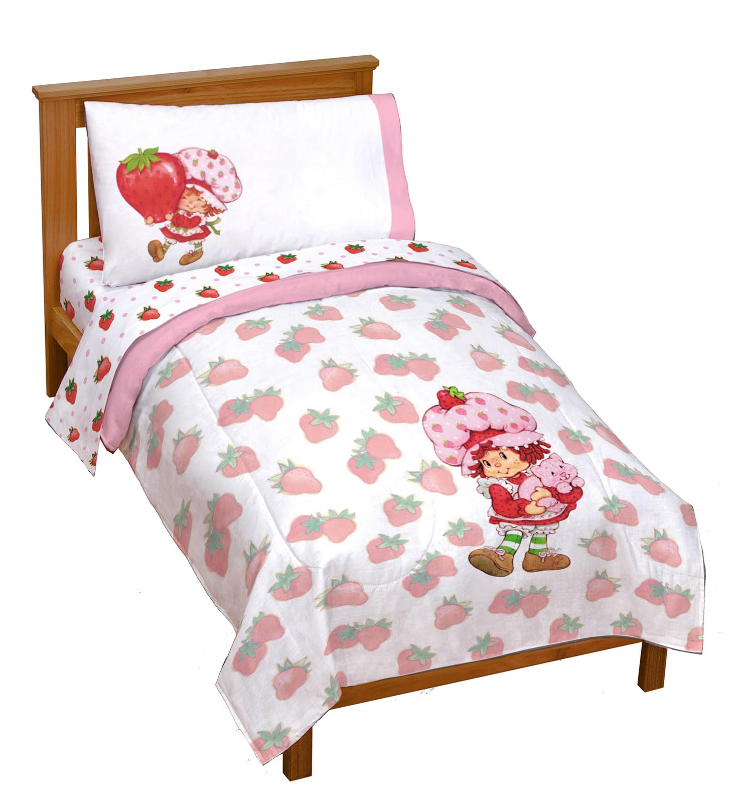 Strawberry Shortcake Toddler Size Comforter Set 4 Piece Kids Bedding, Pink