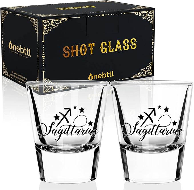 Onebttl Zodiac Sign Shot Glass Set of 2, Unique Birthday Gifts for Women, Men, Friend, Coworker, Wife, Husband- (1.5oz/45ml)- Sagittarius