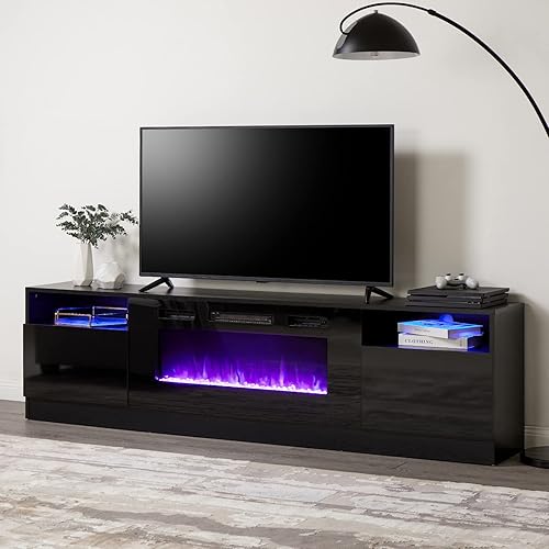 Miniatura 2 de AMERLIFE Soporte de TV de 80 pulgadas con chimenea eléctrica de 40 pulgadas, centro de entretenimiento multimedia de textura de madera moderna con