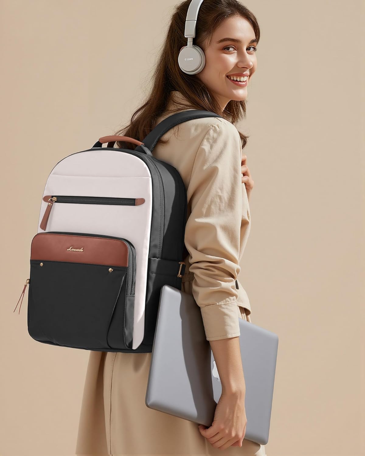 LOVEVOOK Laptop Backpack for Women, 15.6" Work Backpack Purse, Travel Personal Item Bag, Carry On Business Computer Bag, Casual Daypack for Office, School, or Gift, Cream Chestnut Brown - Image 6
