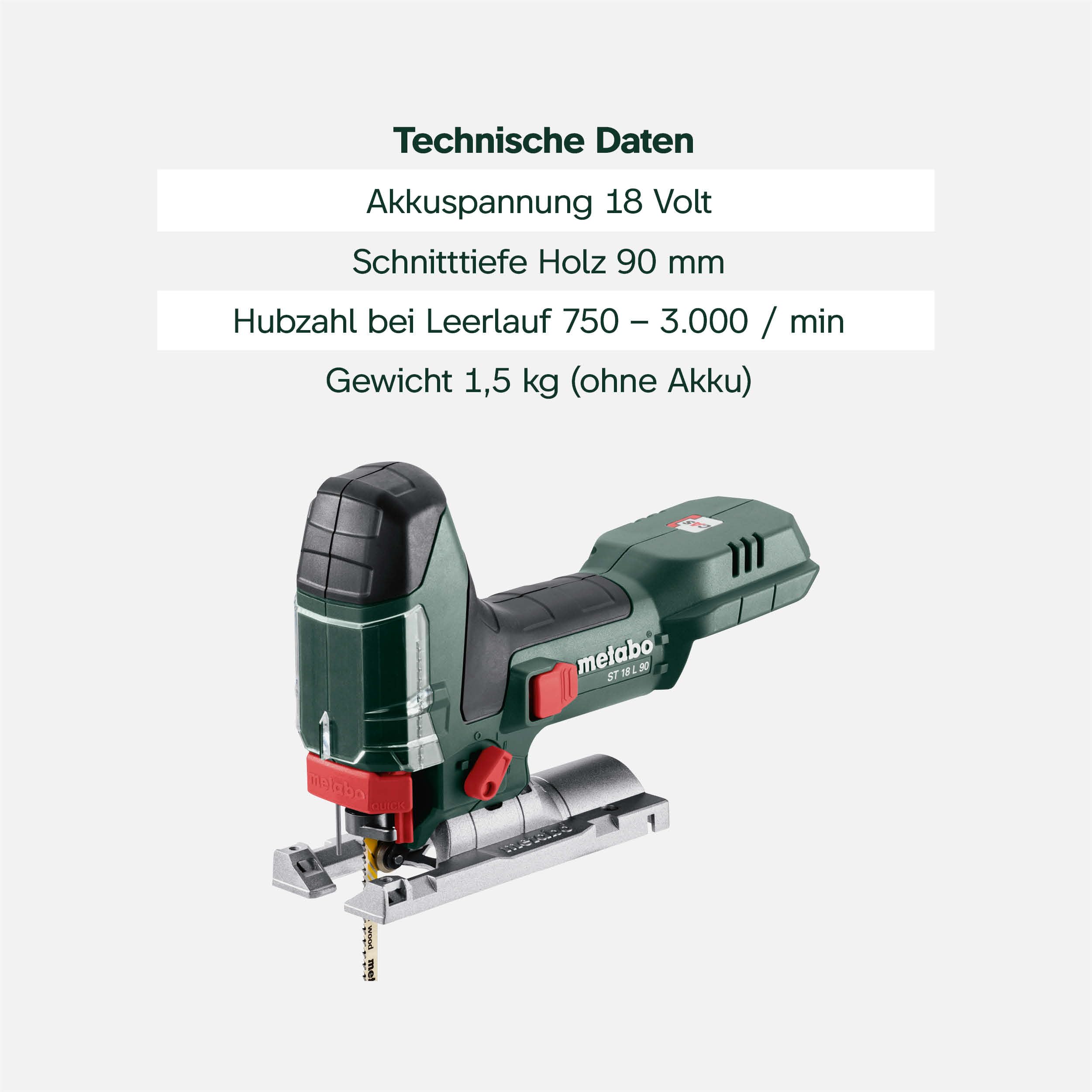 metabo Akku-Stichsäge ST 18 L 90, 18 V Säge mit Metabo Quick System | 90 mm Schnitttiefe, 3000/min Hubzahl, LED-Licht, ohne Akku und Ladegerät, inkl. 2 Sägeblätter und Absaugstutzen