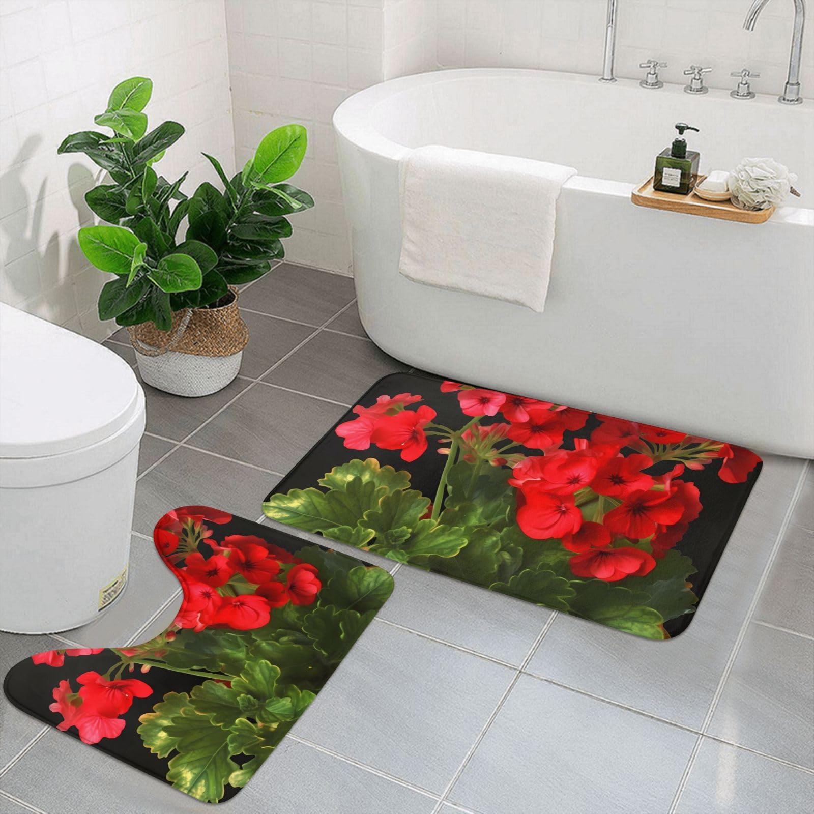 Tapis de bain antidérapants lot de 2 avec contour WC en U géraniums rouges