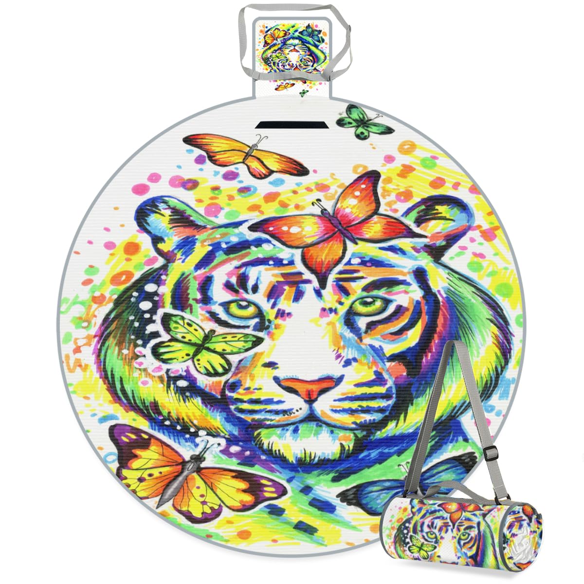 Shimoshe Butterfly Tiger Picnic Outdoor Blanket Foldable Waterproof Sandproof Beach Blanket Portable Water-Resistant Round Picnic Mat for Travel Camping Park Lawn
