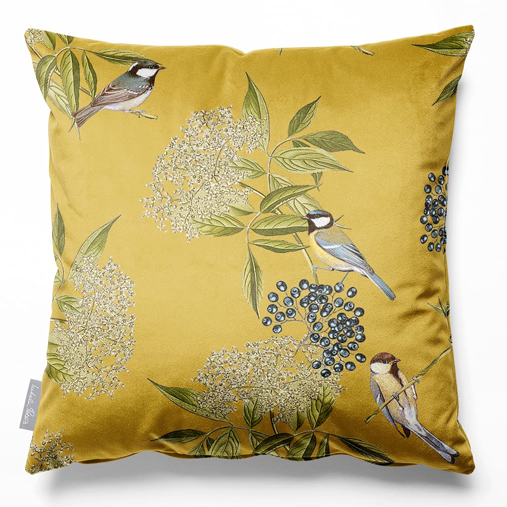 Izabela Peters Bird On Elderflower - Mustard Eco-Friendly Velvet Cushions - Filled, 40 Cm, Chair & Sofa Seat Cushions