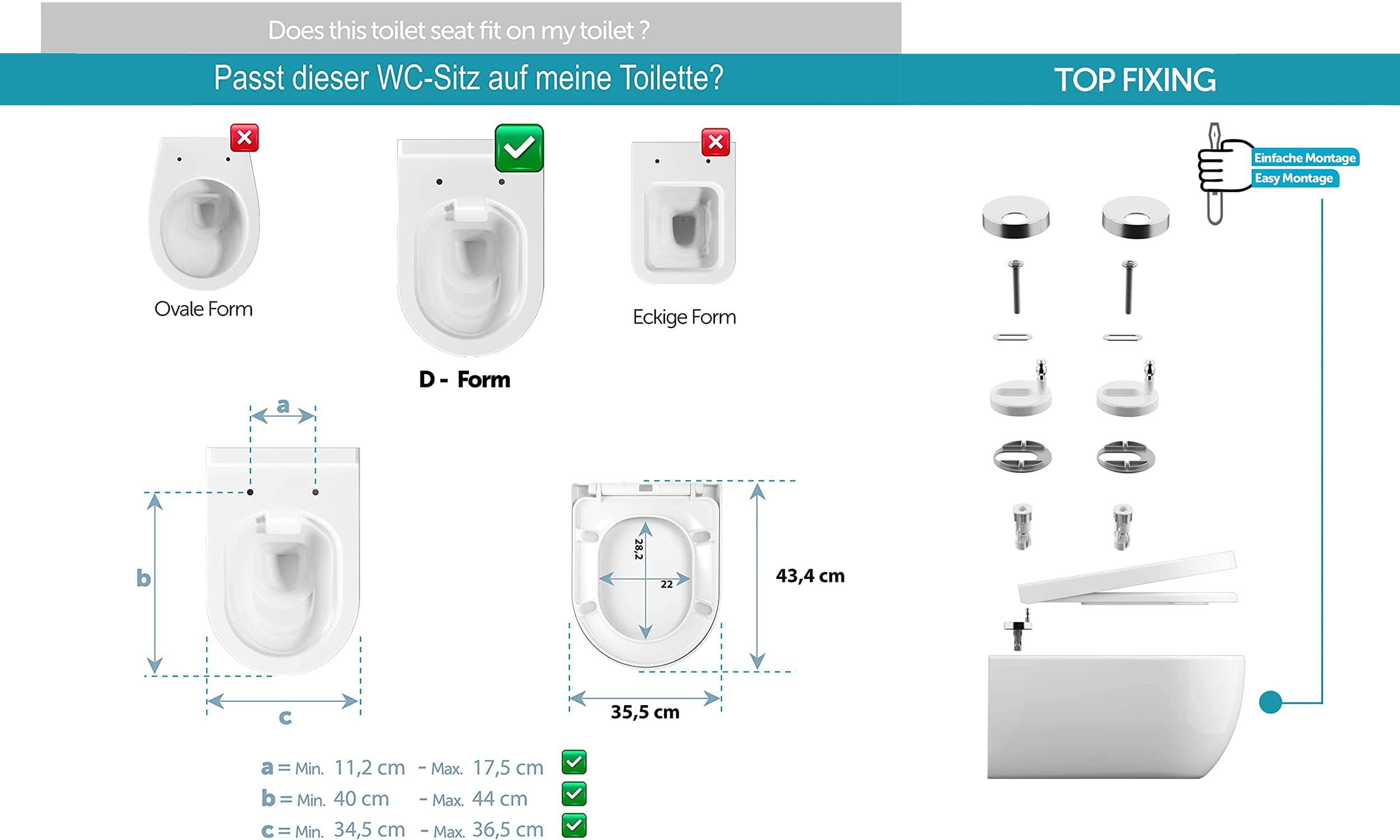 Aqua Bagno | Vlak toiletdeksel met softclosemechanisme & wc-bril in O-vorm, universele wc-bril, afneembaar deksel