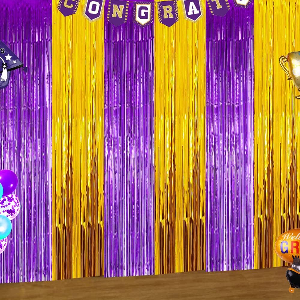 Purple and Gold Party Decoration - Graduation Backdrop 2025, Foil Fringe Curtains, Photo Streamers for Baby Shower, Islamic Eid Mubarak Party Decor (3 Pack)