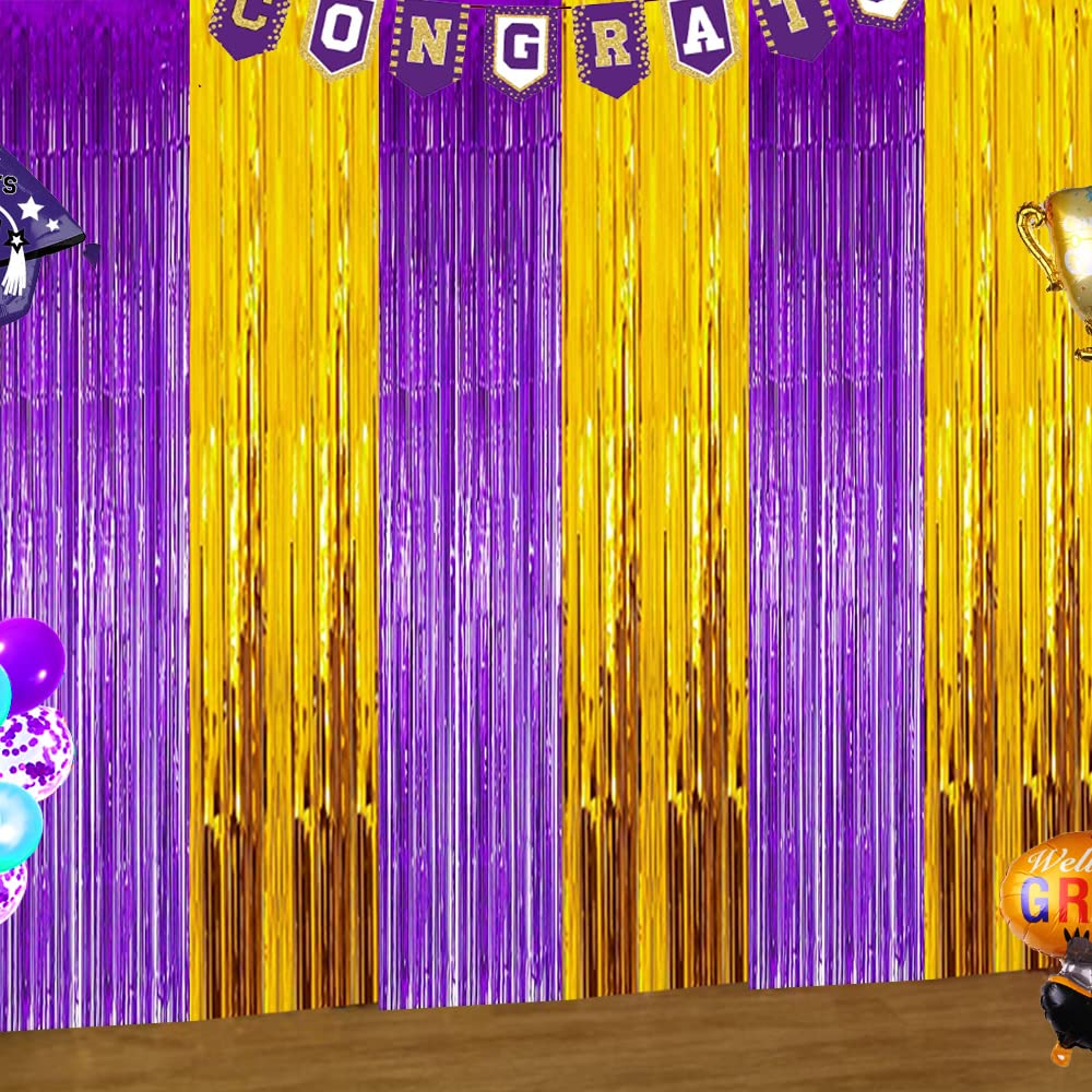 Purple and Gold Party Decoration - Graduation Backdrop 2025, Foil Fringe Curtains, Photo Streamers for Baby Shower, Islamic Eid Mubarak Party Decor (3 Pack)