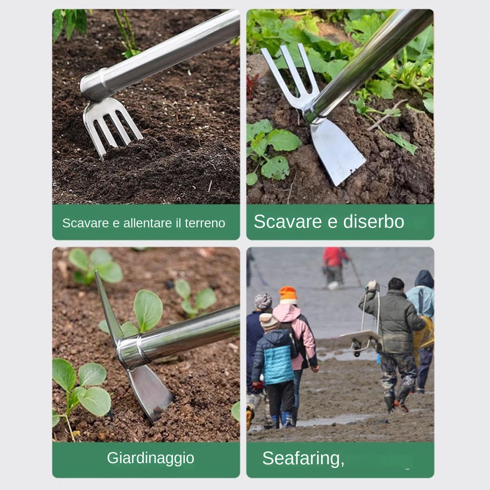 Set Attrezzi Giardino 4 pezzi con manici ergonomici per la lavorazione del | zappa a mano e da giardino per anziani, donne e adulti, ideale per giardino, prato, cortile e patio