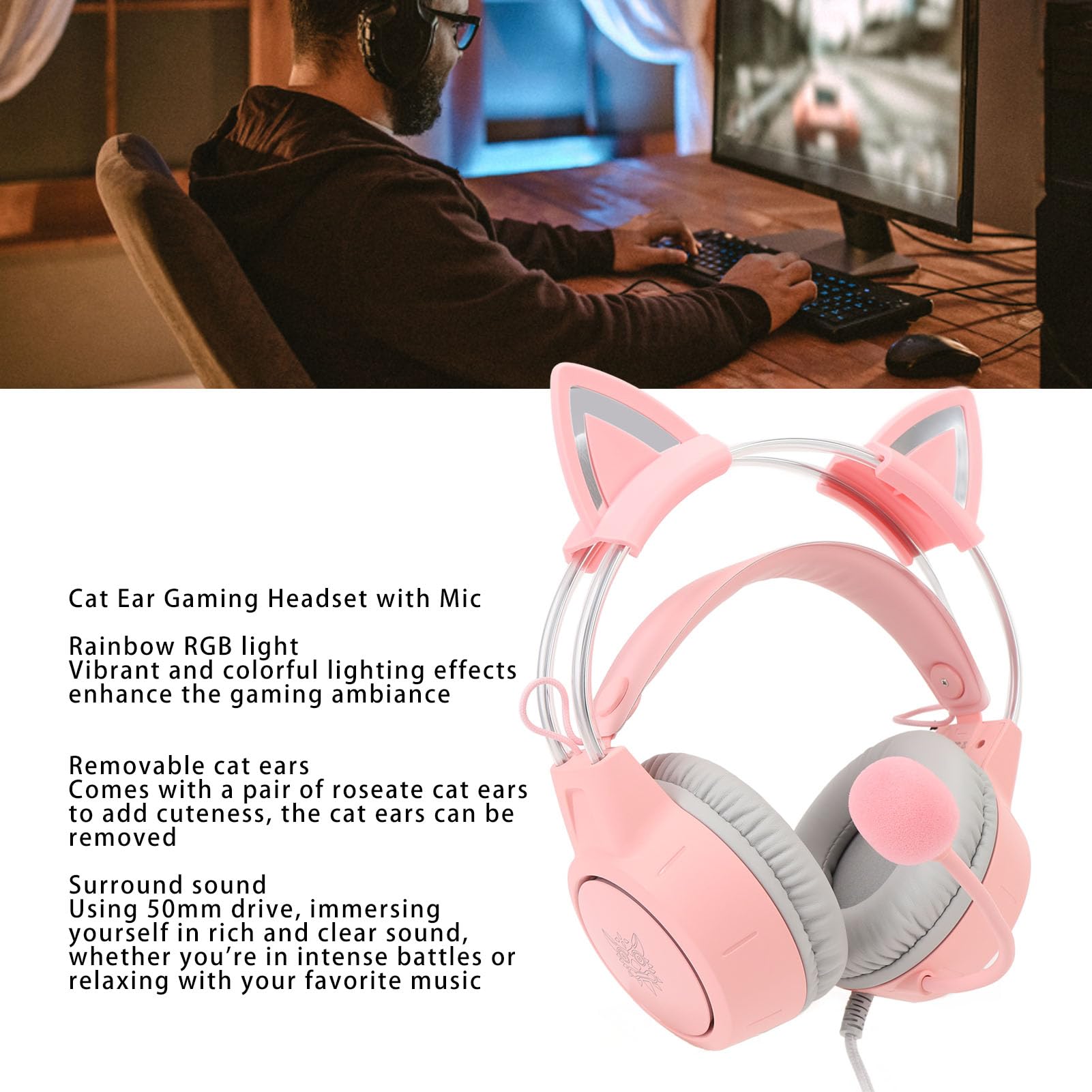 Katzenohr-Kopfhörer, 3,5 Mm Kabelgebundenes RGB-Stereo-PC-Gaming-Headset mit Mikrofon, Regenbogen-RGB-Beleuchtung und Virtuellem Surround-Sound, Leichte Over-Ear-Kopfhörer