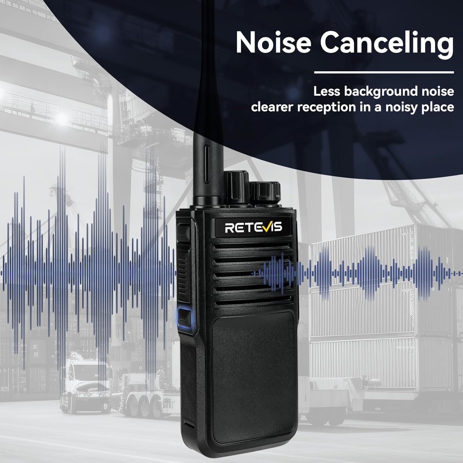A Retevis P2 radio with sound wave graphics indicating noise cancellation, set against a background of shipping containers.