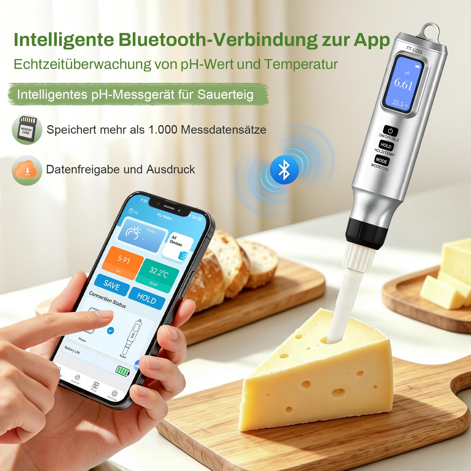 Intelligentes pH Messgerät mit App, Digitales pH Tester für Lebensmittel und Wasser mit Kalibrierpulver, pH Meter mit ATC für Sauerteig, Käse, Brot, Fleisch und fermentierte Getränke & Lebensmittel