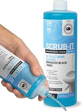 Unique Scrub-It Liquid RV Toilet Bowl Cleaner, Helps Lubricate Seals, 24 oz | Targeted squirt-top bottle for RV toilet bowls, cleans stains, odors, debris; non-caustic formula; unscented