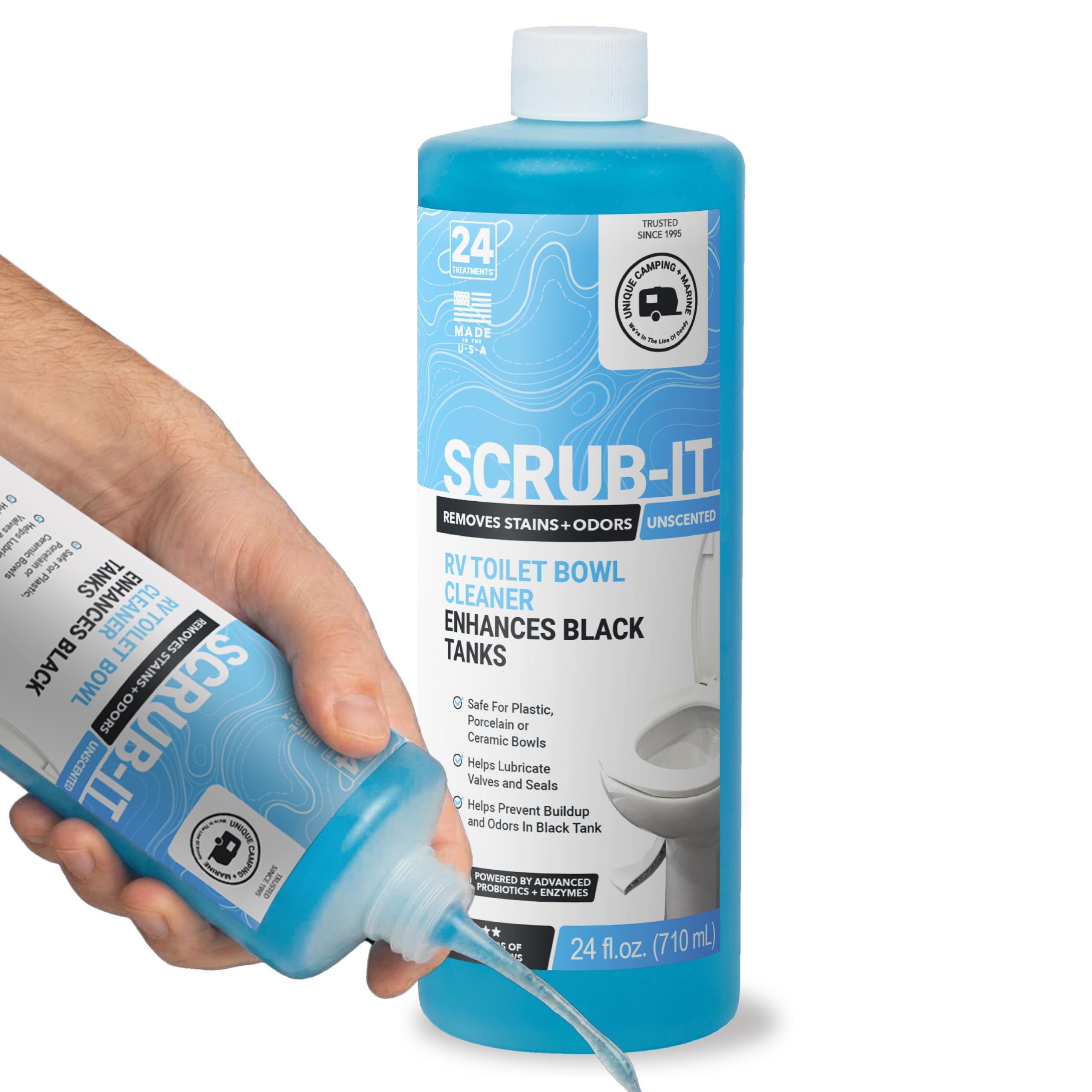 Unique Scrub-It RV Toilet Bowl Cleaner Liquid – RV Toilet Cleaner for Rimless RV Toilets, Squirt Top, Removes Stains & Odors (24 oz) Amazon Exclusive Packaging