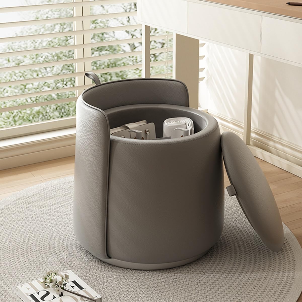 GIZNXBA rund Sitzhocker Mit Stauraum 360°-Drehung Leder Pouf Hocker Für Couch, Polsterhocker rund Fußstütze Mit Deckel