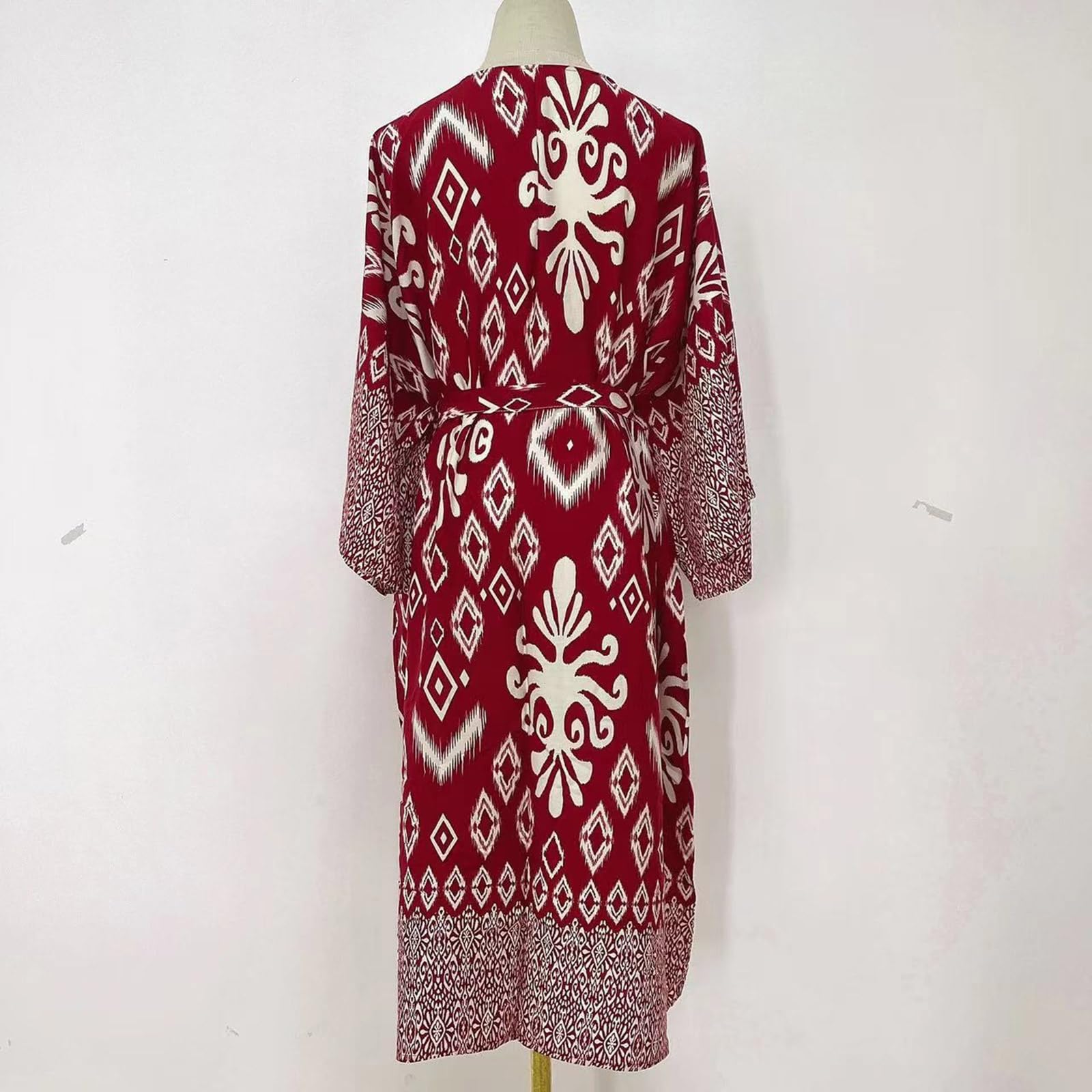 Traje de baño tipo kimono de manga larga para mujer, estampado geométrico, frente abierto, holgado, chal, vestido de playa con cinturón