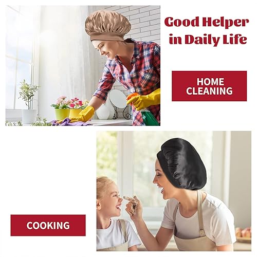 Miniatura 4 de 2 gorros de seda para dormir, gorros de satén para el cabello, banda elástica suave, gorro de seda para cabello rizado (rojo y negro)