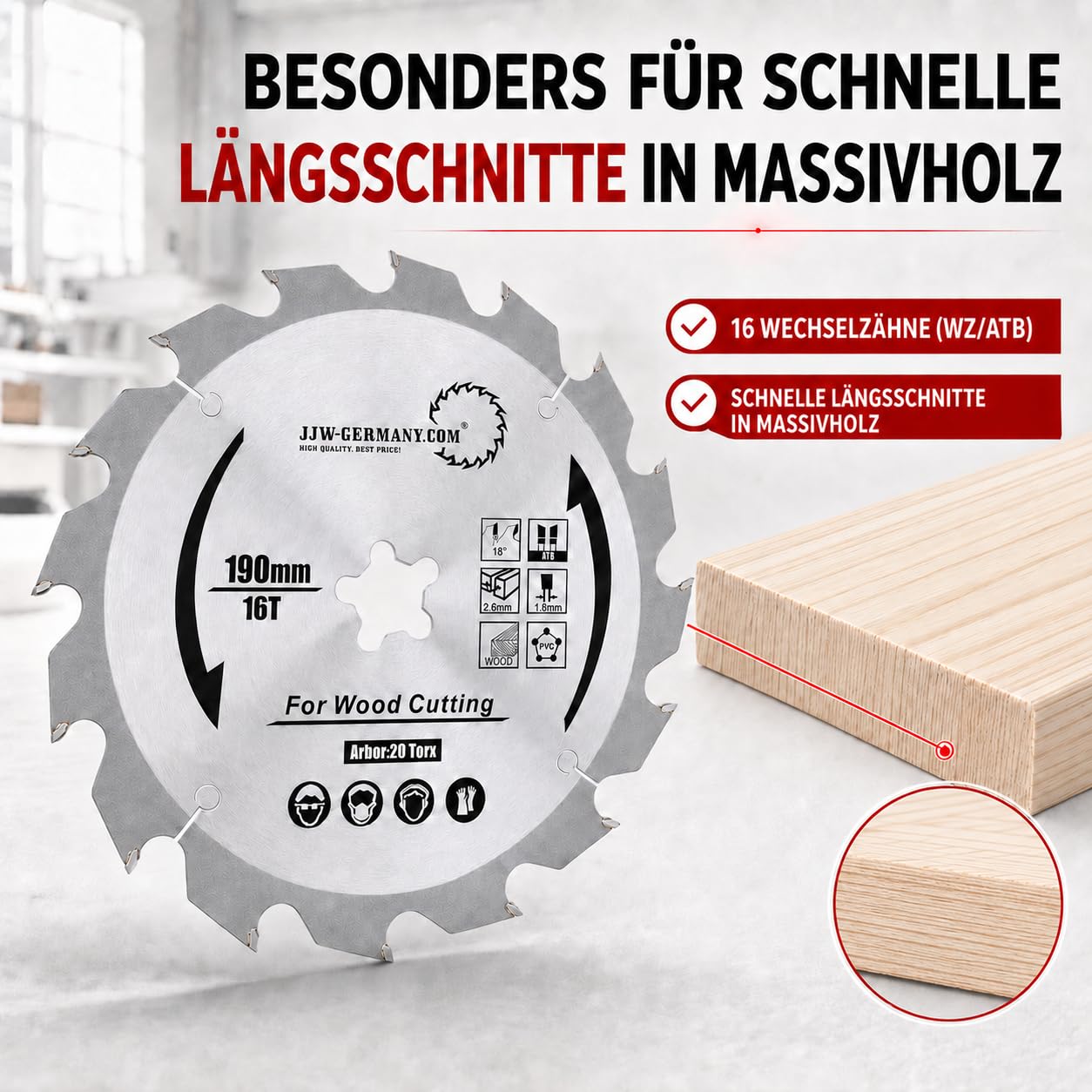 jjw de Alemania HM – Hoja de sierra circular Hanna 190 x 2,6 x 20 Torx Z = 16 WZ para Festo Festool Precisio CS 50, 1 pieza, 4250980691330