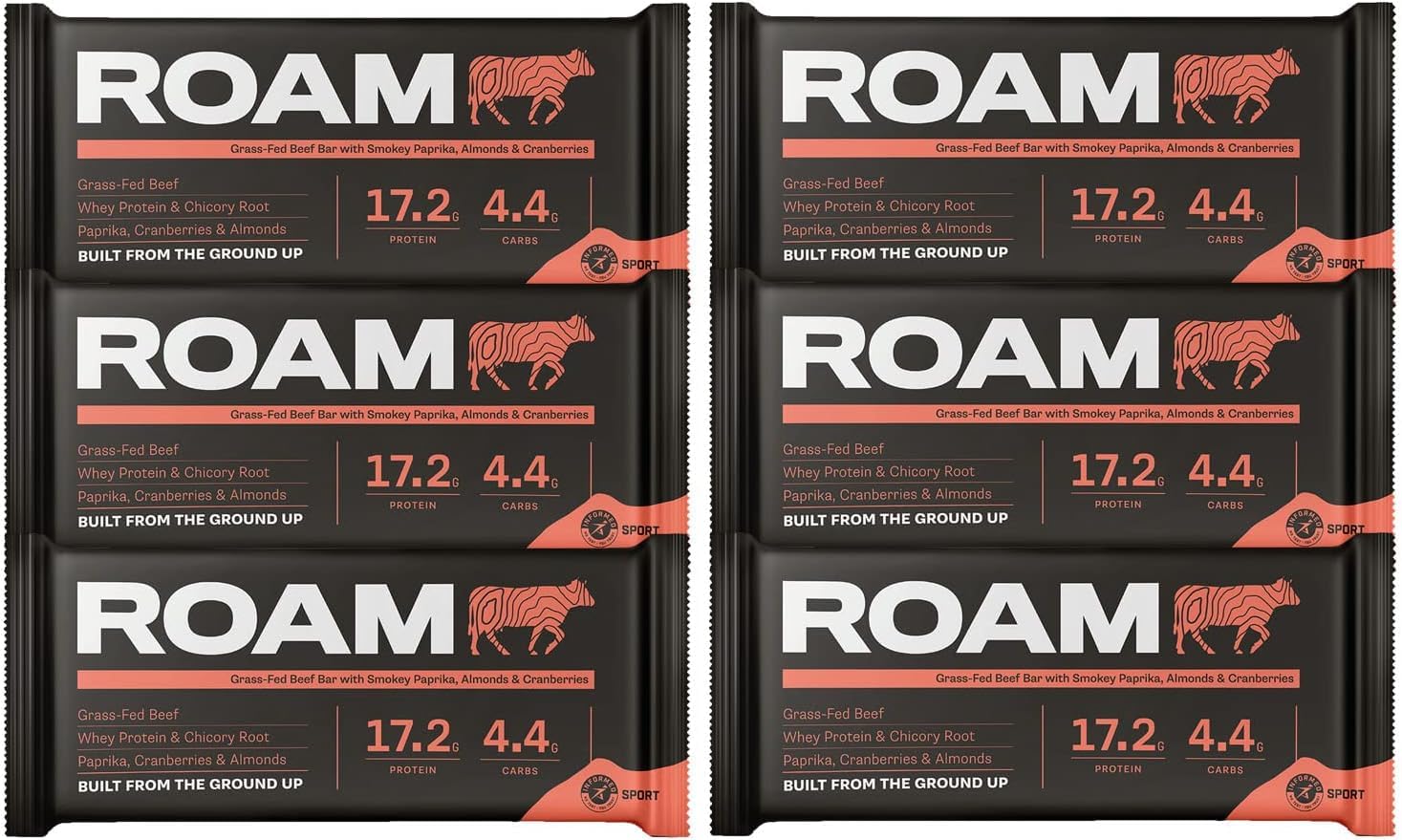 ROAM Low Carb Proteinriegel aus Rindfleisch – High Protein Energieriegel & Keto Snack – 12 x 45g – Gesunde, Glutenfreie Fitness Snacks (Geräucherte Paprika, Mandel & Cranberry)