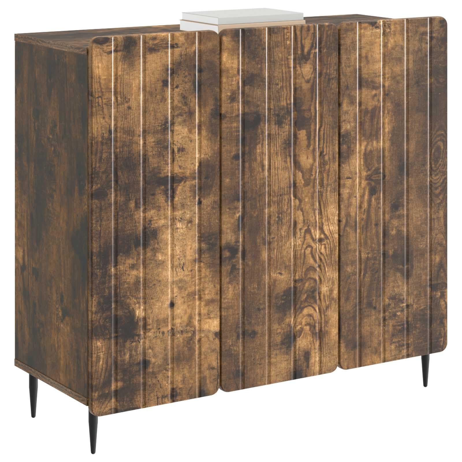 Kredens dąb wędzony 89 x 34,5 x 82 cm, materiał drewnopochodny z 3 drzwiami obrotowymi, schowkiem, regałem, półką, idealna do salonu, jadalni, kuchni, korytarza, biura i przedpokoju