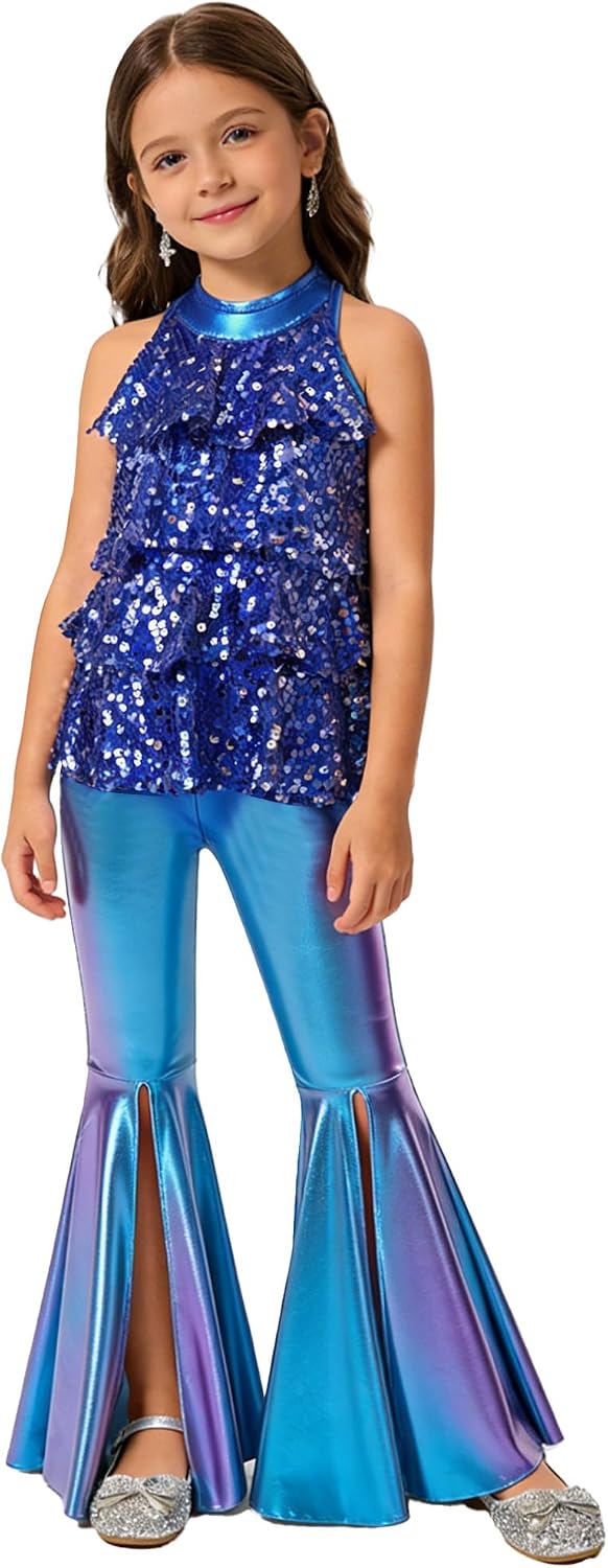 Girls Dance Recital Outfit Sequins Crop Tops with Metallic Pants Sets for Stage Performance Streetwear