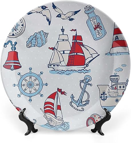 Placa decorativa de 8 pulgadas, placa de porcelana náutica, criaturas marinas simbólicas de navegación, brújula, placa de exhibición para niños,