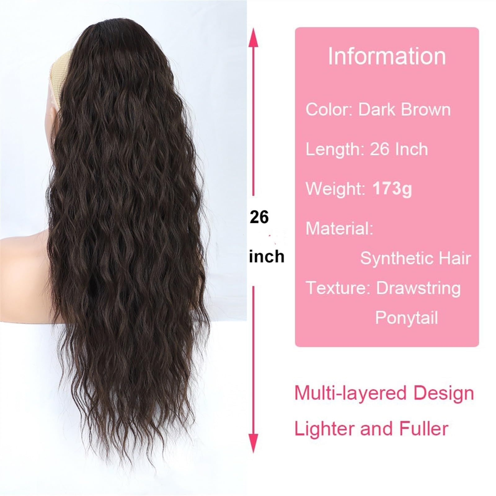 Cola de Caballo Extensión de cabello de cola de caballo for mujer, postizos de cola de caballo con cordón ondulado y rizado largo, cola de caballo falsa sintética, negro, Rubio y rojo Chica Postizos d