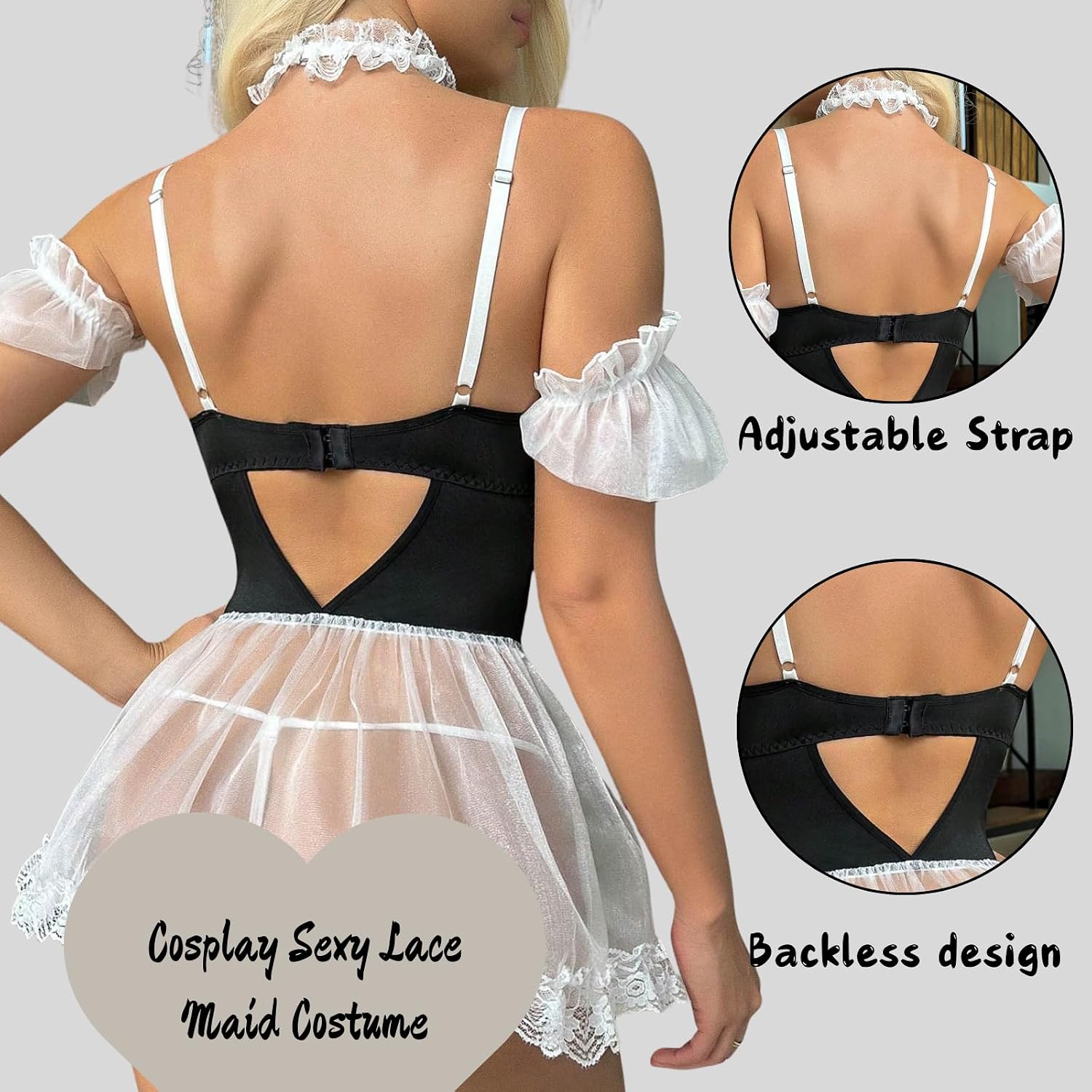 Women Sexy Mesh Sheer Lingerie Set Cosplay Maid Costume Naughty Lace Babydoll Ties-Front Servant Outfit Fancy Dress